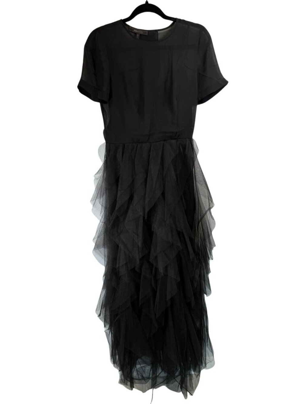 BCBGMAXAZRIA Black Cascading Tulle Ruffle Gown Size 4 Sheer Short Sleeve